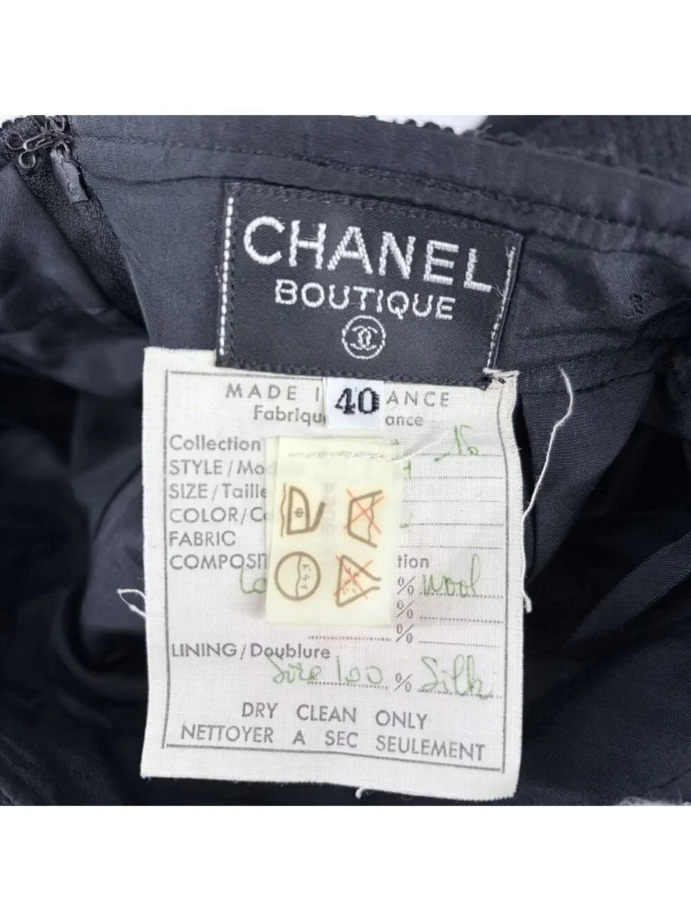 Chanel Set Mademoiselle Button Jacket Skirt Vintage Black Gold Wool Fall 40